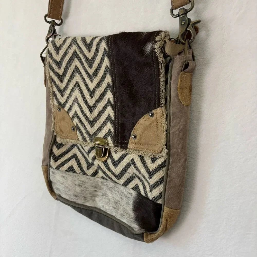 Myra Bag Grey Zig Zag with Fur Detail Flap‎ Closure Crossbody Purse